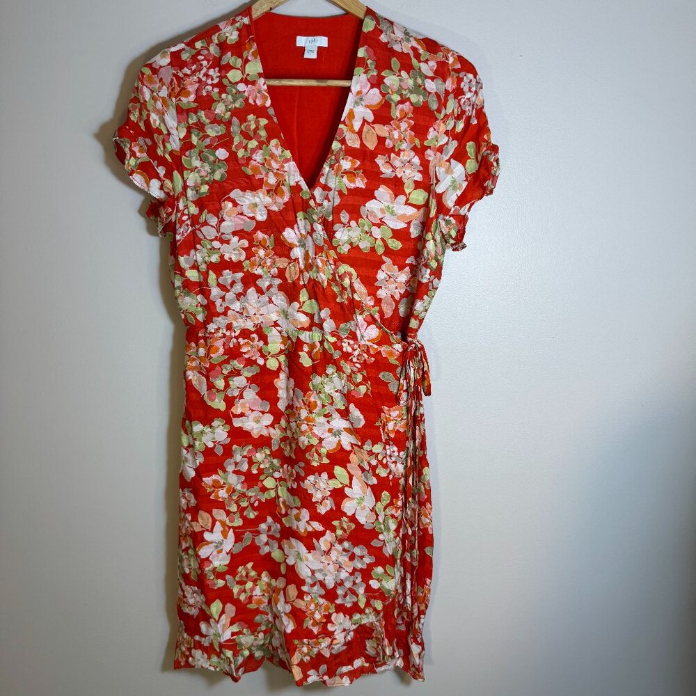 J. Jill Papaya Floral Ruffle Wrap Dress Flutter Sleeve and Hem Women's Dress - S